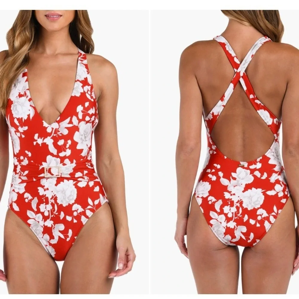 L'AGENCE Lisa Ikebana Floral Belted One Piece Swimsuit Red M - Picture 2 of 16